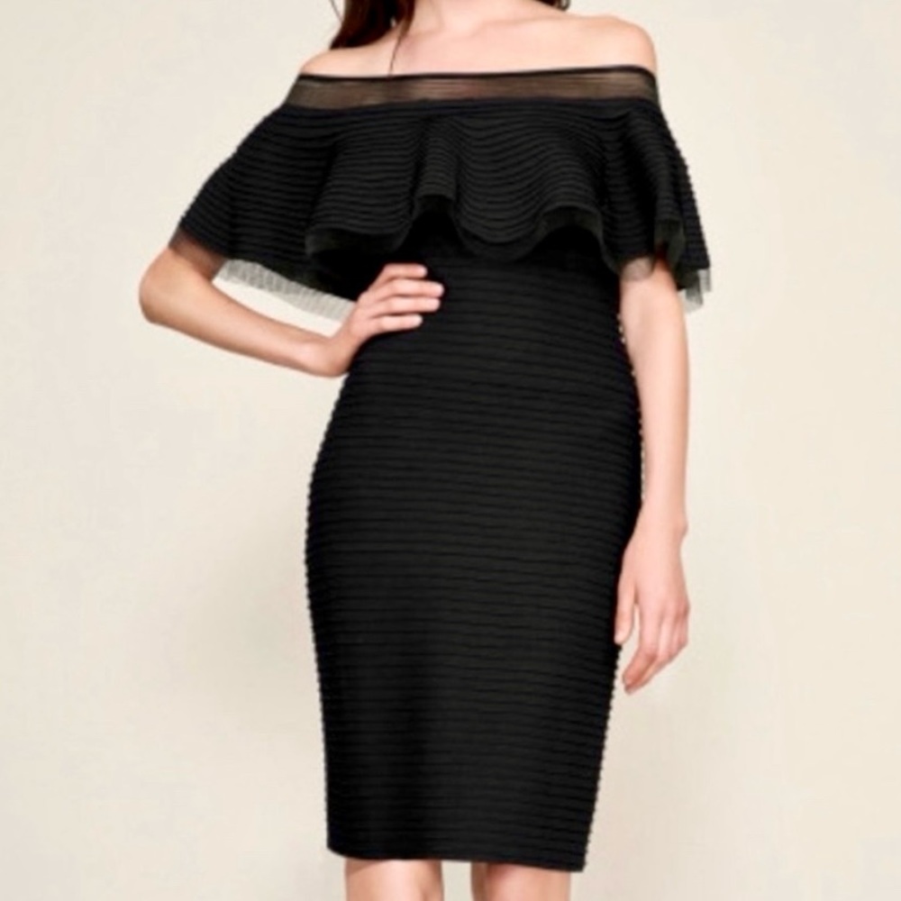 Tadashi Shoji Ruffle Mesh Black Off The Shoulder Cocktail Dress SZ Small